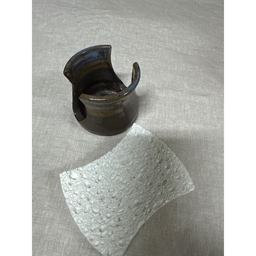 Handmade Studio Pottery Ceramic Sponge Holder Brown Blue Glaze Artisan Signed